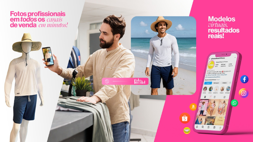 FotoModel permite criar ensaios profissionais pelo celular, transformando vitrines online com qualidade e agilidade.
